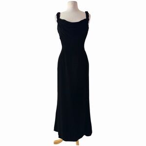 Vtg 90s Watters Black Velvet Draped Cowl Vampy Goth Formal Maxi Gown Sz 8